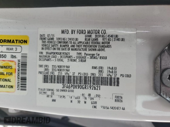 2016 Ford Fusion Titanium with VIN 3FA6P0K90GR192621, listed as a Copart auction lot 50744145 with Not provided miles and Non repairable. Bid and sale history available at DreamBid. Image 12.