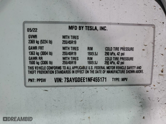 2022 Tesla Model Y Long Range with VIN 7SAYGDEE1NF455171, listed as a Copart auction lot 49429085 with 41,361 mi miles and Salvage Title. Bid and sale history available at carsss.com. Image 14.