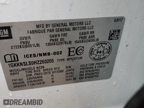 2017 GMC Acadia SLE with VIN 1GKKNSLS9HZ260265, listed as a Copart auction lot 44781595 with 79,441 mi miles and Non Repairable. Bid and sale history available at carsss.com. Image 13.