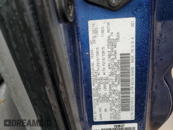 2014 Toyota Tacoma z VIN 5TFTX4CN0EX044490, wystawiony jako Copart lot #59462825 z przebiegiem 155 314 mil mil oraz Szkoda całkowita • Salvage title. Historia ofert i sprzedaży dostępna na DreamBid. Obrazek 12.