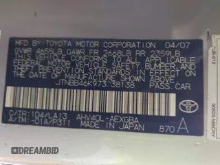 2007 Toyota Camry z VIN JTNBB46K973038138, wystawiony jako IAAI lot #42233680 z przebiegiem 230 480 mil mil oraz . Historia ofert i sprzedaży dostępna na DreamBid. Obrazek 9.