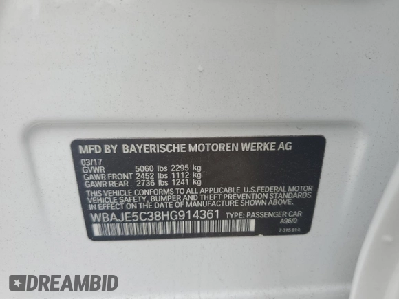 2017 BMW 5 Series 540i with VIN WBAJE5C38HG914361, listed as a Copart auction lot 59929095 with 89,496 mi miles and Non repairable. Bid and sale history available at DreamBid. Image 12.