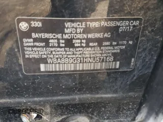 2017 BMW 3 Series 330i with VIN WBA8B9G31HNU57168, listed as a Copart auction lot 86913664 with 0 mi miles and Salvage Title. Bid and sale history available at carsss.com. Image 12.