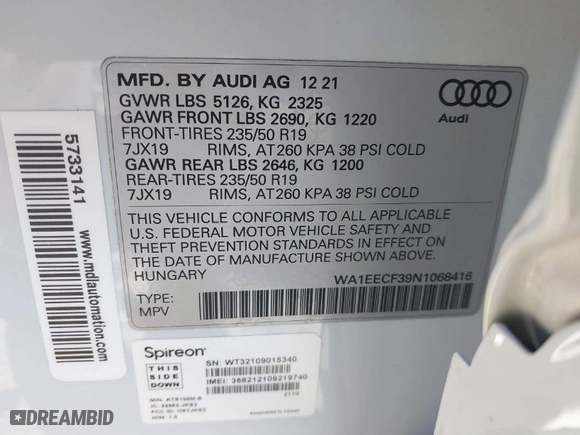2022 Audi Q3 S line Premium Plus with VIN WA1EECF39N1068416, listed as a IAAI auction lot 41328206 with 11,016 mi miles. Bid and sale history available at carsss.com. Image 9.