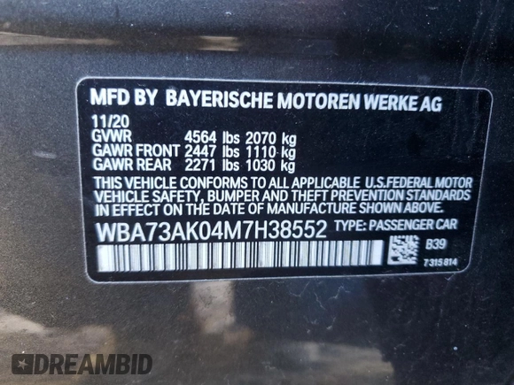 2021 BMW 2 Series 228i xDrive with VIN WBA73AK04M7H38552, listed as a Copart auction lot 41770454 with 26,501 mi miles. Bid and sale history available at carsss.com. Image 12.