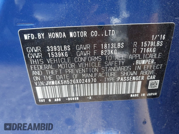 2016 Honda Fit LX with VIN JHMGK5H52GX024970, listed as a IAAI auction lot 42671370 with 111,789 mi miles and . Bid and sale history available at DreamBid. Image 9.