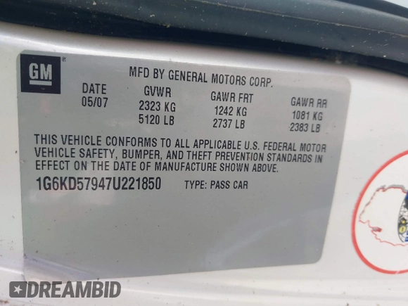 2007 Cadillac DTS Performance with VIN 1G6KD57947U221850, listed as a IAAI auction lot 41274564 with Not Provided miles and . Bid and sale history available at carsss.com. Image 9.