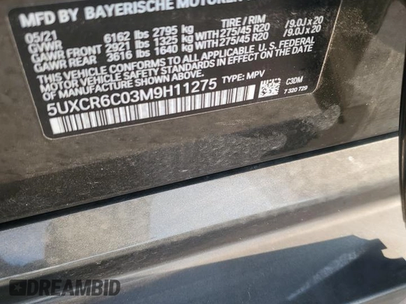 2021 BMW X5 xDrive40i with VIN 5UXCR6C03M9H11275, listed as a Copart auction lot 59954905 with 48,890 mi miles and Salvage title. Bid and sale history available at DreamBid. Image 14.