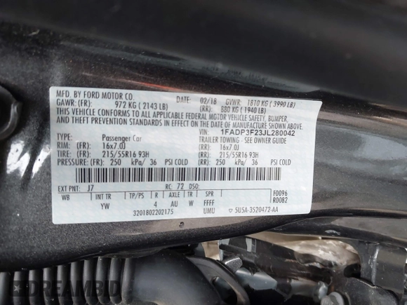 2018 Ford Focus SE with VIN 1FADP3F23JL280042, listed as a IAAI auction lot 41905008 with 80,797 mi miles. Bid and sale history available at carsss.com. Image 9.