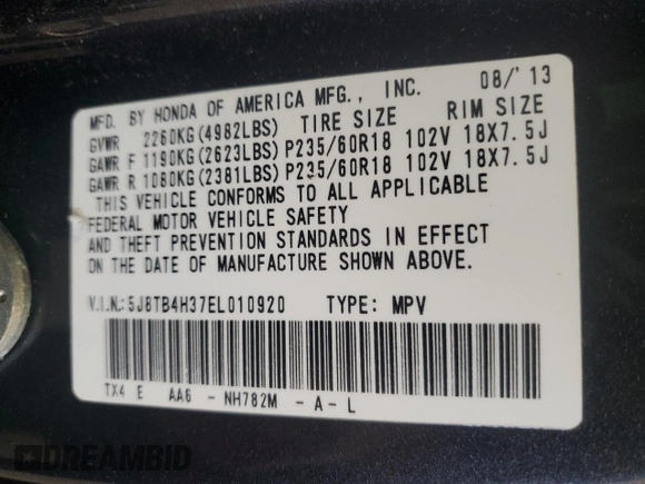 2014 Acura RDX with VIN 5J8TB4H37EL010920, listed as a Copart auction lot 49068765 with 177,332 mi miles and Non repairable. Bid and sale history available at DreamBid. Image 14.