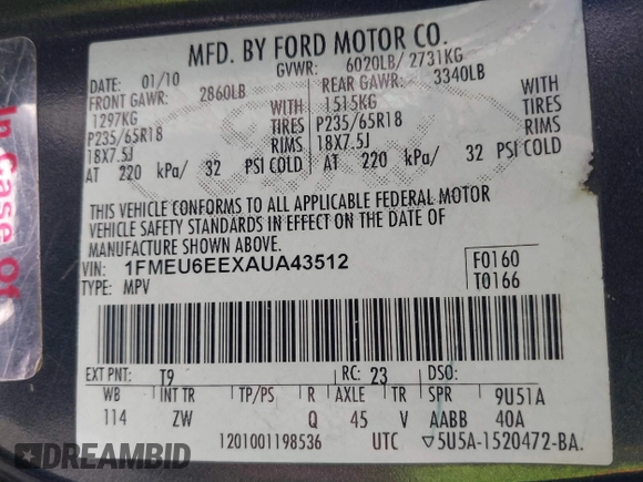 2010 Ford Explorer Eddie Bauer with VIN 1FMEU6EEXAUA43512, listed as a IAAI auction lot 42074150 with 219,137 mi miles and . Bid and sale history available at DreamBid. Image 9.