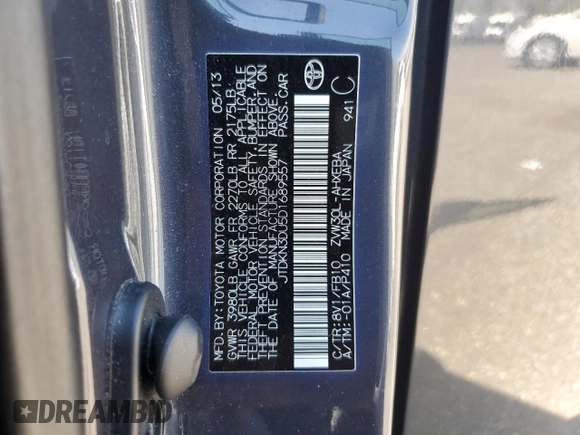 2013 Toyota Prius One with VIN JTDKN3DU5D1689557, listed as a Copart auction lot 55226505 with 174,610 mi miles and Clean Title. Bid and sale history available at carsss.com. Image 12.