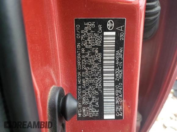 2010 Toyota Prius II with VIN JTDKN3DU7A0114488, listed as a Copart auction lot 83089324 with 335,942 mi miles and Salvage Title. Bid and sale history available at DreamBid. Image 14.