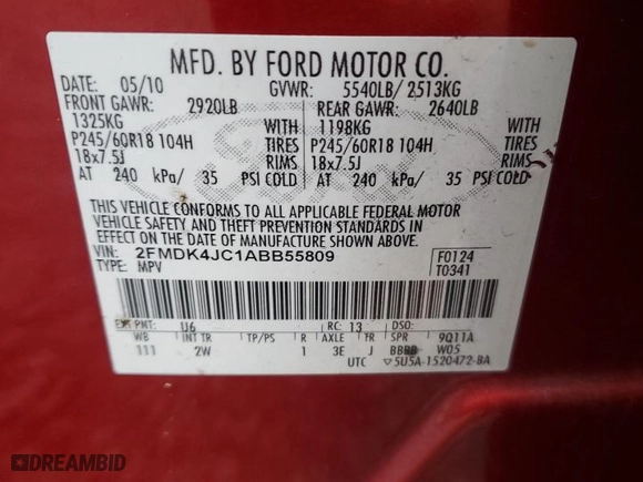 2010 Ford Edge SEL with VIN 2FMDK4JC1ABB55809, listed as a Copart auction lot 49947565 with 184,538 mi miles and Salvage Title. Bid and sale history available at carsss.com. Image 13.