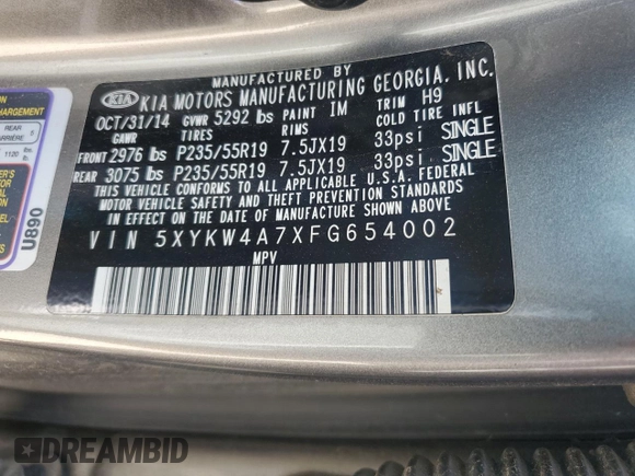 2015 Kia Sorento SX with VIN 5XYKW4A7XFG654002, listed as a Copart auction lot 56701775 with Not provided miles and Salvage title. Bid and sale history available at DreamBid. Image 13.