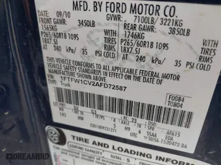 2010 Ford F-150 XL with VIN 1FTFW1CV2AFD72587, listed as a IAAI auction lot 41756666 with 159,726 mi miles. Bid and sale history available at carsss.com. Image 9.