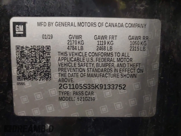 2019 Chevrolet Impala Premier with VIN 2G1105S35K9133752, listed as a IAAI auction lot 41392670 with 158,719 mi miles and . Bid and sale history available at DreamBid. Image 9.