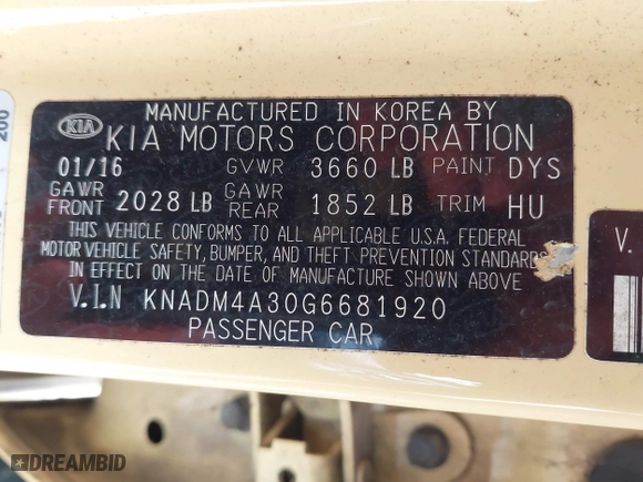2016 Kia Rio LX with VIN KNADM4A30G6681920, listed as a IAAI auction lot 41770771 with 119,089 mi miles. Bid and sale history available at carsss.com. Image 9.