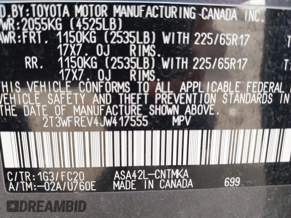 2018 Toyota RAV4 XLE with VIN 2T3WFREV4JW417555, listed as a IAAI auction lot 41092589 with 93,788 mi miles and . Bid and sale history available at DreamBid. Image 9.