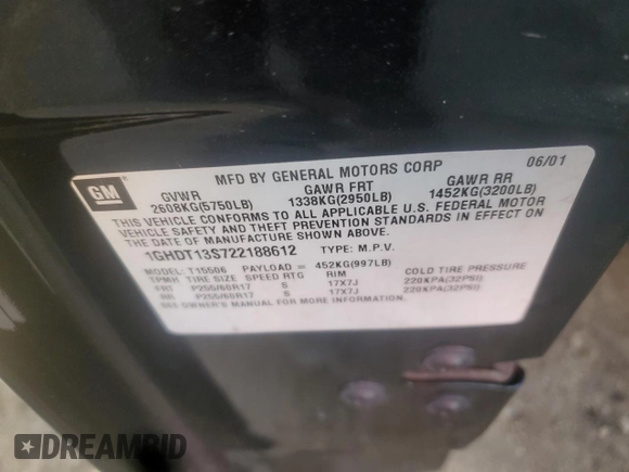 2002 Oldsmobile Bravada z VIN 1GHDT13S722188612, wystawiony jako Copart lot #42630795 z przebiegiem 171 303 mil mil oraz Szkoda całkowita • Salvage title. Historia ofert i sprzedaży dostępna na DreamBid. Obrazek 12.