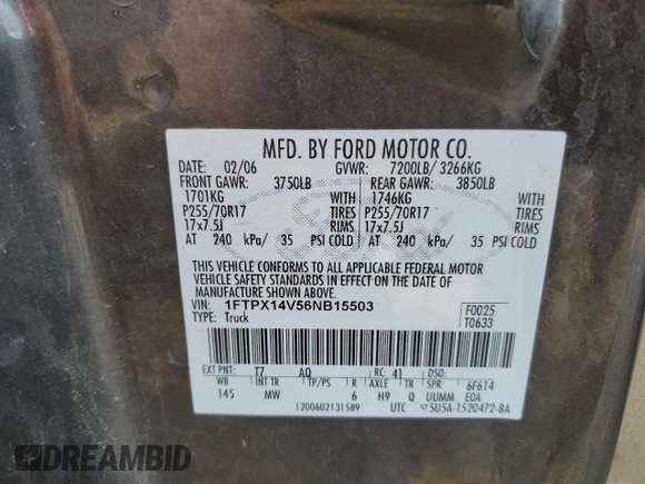 2006 Ford F-150 XLT with VIN 1FTPX14V56NB15503, listed as a Copart auction lot 46864015 with 285,887 mi miles and Clean Title. Bid and sale history available at carsss.com. Image 12.