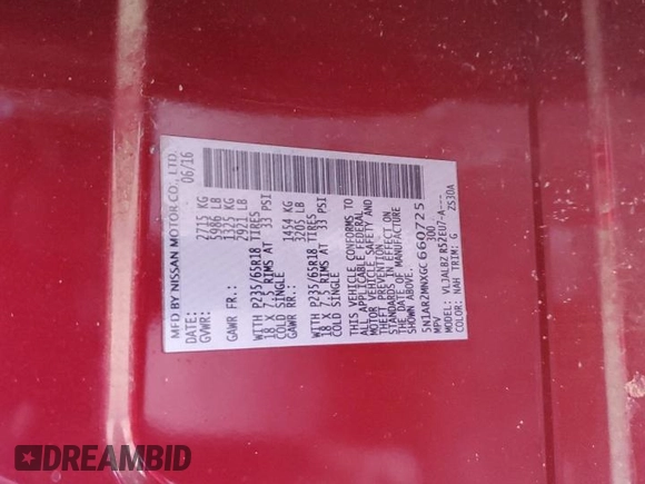 2016 Nissan Pathfinder S with VIN 5N1AR2MNXGC660725, listed as a Copart auction lot 61164915 with 125,134 mi miles and Salvage title. Bid and sale history available at DreamBid. Image 12.