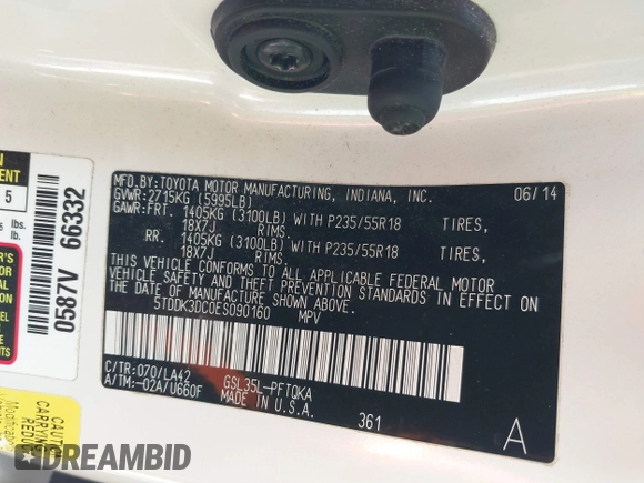 2014 Toyota Sienna Ltd with VIN 5TDDK3DC0ES090160, listed as a IAAI auction lot 41763998 with 160,508 mi miles. Bid and sale history available at carsss.com. Image 9.