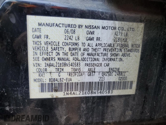 2008 Nissan Altima 2.5 SL with VIN 1N4AL21E08N540583, listed as a Copart auction lot 85805204 with 193,432 mi miles and Salvage Title. Bid and sale history available at carsss.com. Image 12.