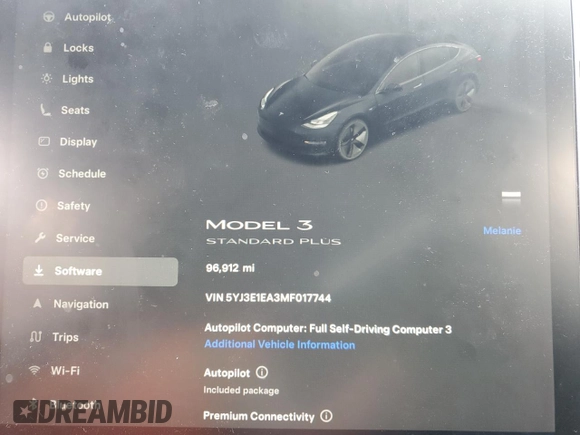 2021 Tesla Model 3 Standard Range Plus with VIN 5YJ3E1EA3MF017744, listed as a Copart auction lot 51513405 with 96,912 mi miles and Salvage Title. Bid and sale history available at carsss.com. Image 9.