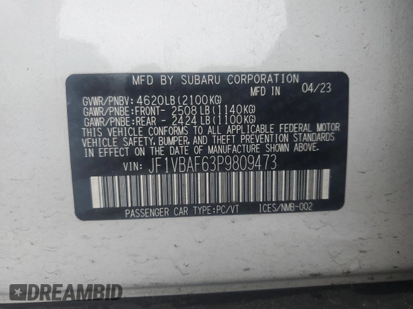 2023 Subaru WRX Premium with VIN JF1VBAF63P9809473, listed as a Copart auction lot 58580665 with 13,082 mi miles and Salvage title. Bid and sale history available at DreamBid. Image 12.