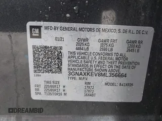 2021 Chevrolet Equinox LT with VIN 3GNAXKEV8ML356664, listed as a IAAI auction lot 41790707 with 51,363 mi miles and . Bid and sale history available at DreamBid. Image 9.