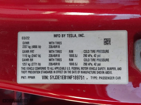 2022 Tesla Model 3 Long Range with VIN 5YJ3E1EB1NF189751, listed as a IAAI auction lot 41822463 with 109,269 mi miles. Bid and sale history available at carsss.com. Image 9.