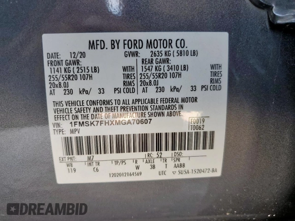 2021 Ford Explorer Limited z VIN 1FMSK7FHXMGA70607, wystawiony jako Copart lot #64111035 z przebiegiem 72 199 mil mil oraz Szkoda całkowita • Salvage title. Historia ofert i sprzedaży dostępna na DreamBid. Obrazek 13.