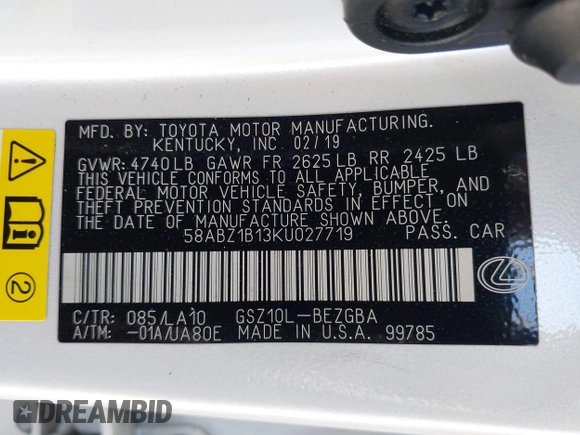 2019 Lexus ES with VIN 58ABZ1B13KU027719, listed as a IAAI auction lot 41945226 with 37,453 mi miles. Bid and sale history available at carsss.com. Image 9.