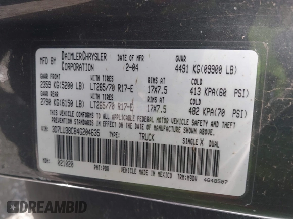 2004 Dodge 3500 ST with VIN 3D7LU38C84G204635, listed as a IAAI auction lot 41544580 with Not Provided miles and . Bid and sale history available at DreamBid. Image 9.