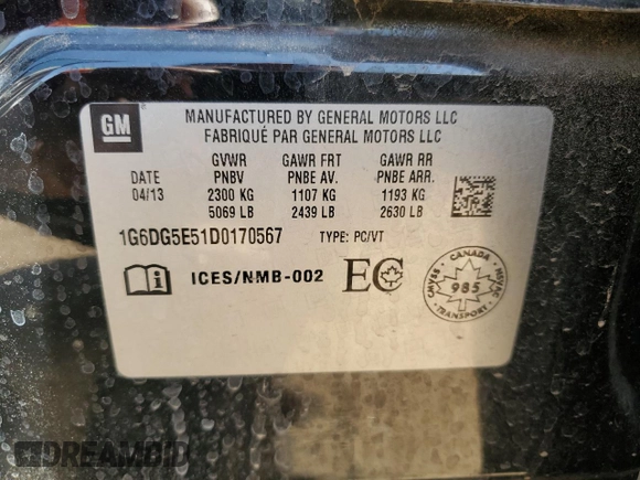 2013 Cadillac CTS Luxury with VIN 1G6DG5E51D0170567, listed as a Copart auction lot 52141015 with 87,078 mi miles and Salvage title. Bid and sale history available at DreamBid. Image 12.