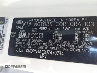 2018 Kia Sportage EX with VIN KNDPN3ACXJ7470734, listed as a IAAI auction lot 41859915 with 123,918 mi miles and . Bid and sale history available at DreamBid. Image 9.