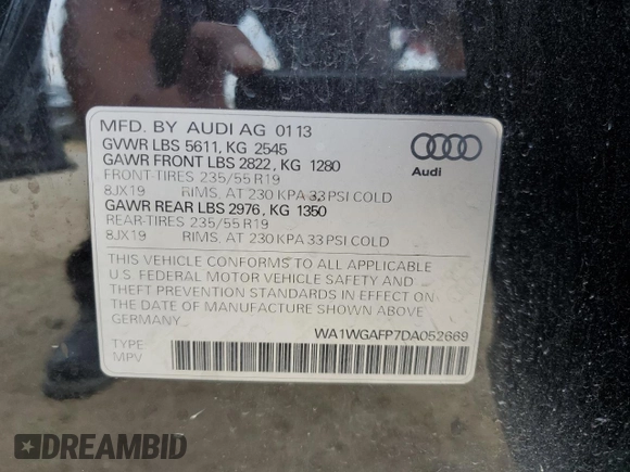 2013 Audi Q5 Prestige z VIN WA1WGAFP7DA052669, wystawiony jako Copart lot #55322715 z przebiegiem 166 149 mil mil oraz Szkoda całkowita • Salvage title. Historia ofert i sprzedaży dostępna na DreamBid. Obrazek 14.