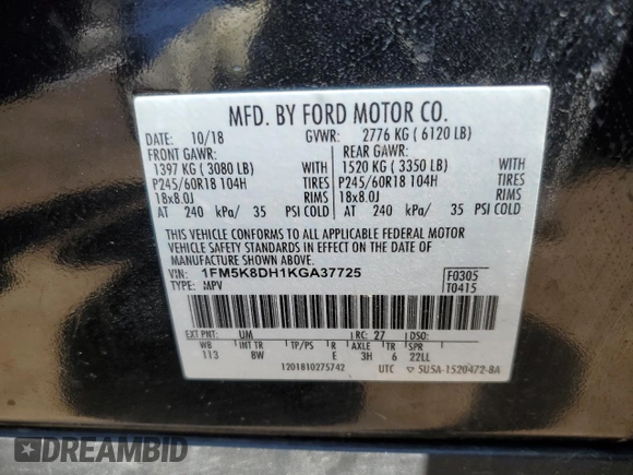 2019 Ford Explorer XLT с VIN 1FM5K8DH1KGA37725, выставлен на аукционе Copart как лот 56255315 с пробегом 56 501 миль миль и Списание • Salvage title. История ставок и продаж доступна на DreamBid. Изображение 14.