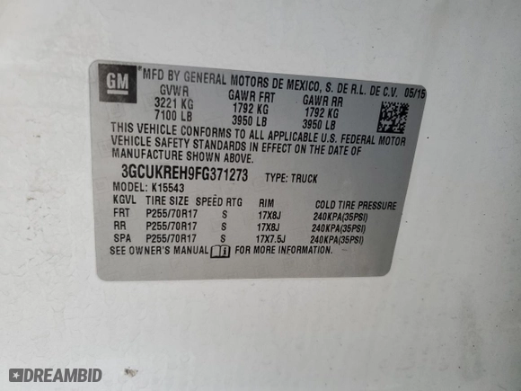2015 Chevrolet Silverado 1500 LT with VIN 3GCUKREH9FG371273, listed as a Copart auction lot 87438484 with 109,105 mi miles and Salvage Title. Bid and sale history available at carsss.com. Image 14.