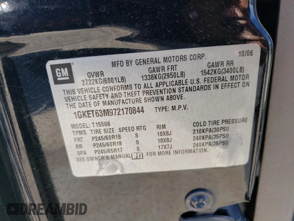 2007 GMC Envoy Denali with VIN 1GKET63M972170844, listed as a Copart auction lot 72987763 with 200,584 mi miles and Salvage Title. Bid and sale history available at carsss.com. Image 14.