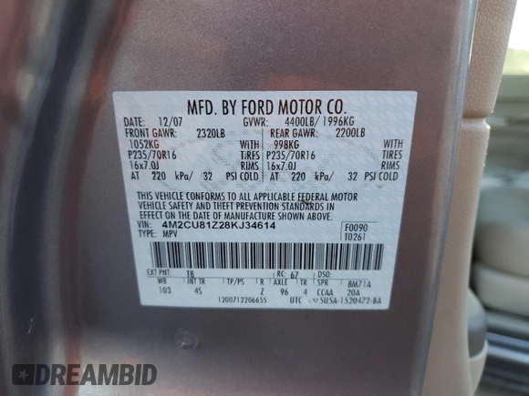 2008 Mercury Mariner with VIN 4M2CU81Z28KJ34614, listed as a Copart auction lot 85657144 with 150,624 mi miles and Salvage title. Bid and sale history available at DreamBid. Image 15.