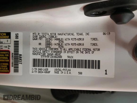2019 Toyota Tundra SR5 z VIN 5TFHY5F13KX862888, wystawiony jako Copart lot #44863535 z przebiegiem 59 415 mil mil oraz Szkoda całkowita • Salvage title. Historia ofert i sprzedaży dostępna na DreamBid. Obrazek 14.