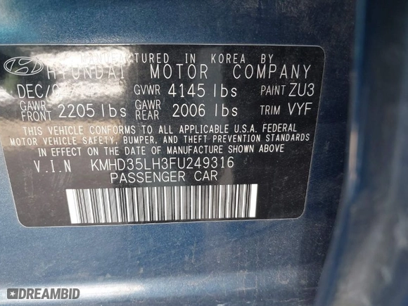 2015 Hyundai Elantra GT with VIN KMHD35LH3FU249316, listed as a IAAI auction lot 41700406 with NaN miles. Bid and sale history available at carsss.com. Image 9.