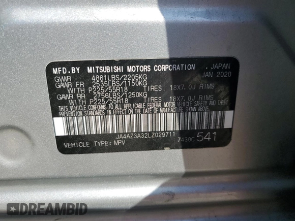 2020 Mitsubishi Outlander ES with VIN JA4AZ3A32LZ029711, listed as a Copart auction lot 54848295 with 161,947 mi miles and Salvage title. Bid and sale history available at DreamBid. Image 13.