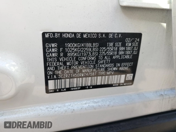 2024 Honda HR-V Sport with VIN 3CZRZ1H50RM747587, listed as a Copart auction lot 46662915 with 6,621 mi miles and Salvage Title. Bid and sale history available at carsss.com. Image 14.
