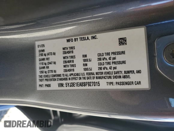2025 Tesla Model 3 Long Range z VIN 5YJ3E1EA8SF927015, wystawiony jako Copart lot #89373905 z przebiegiem 91 mil mil oraz Szkoda całkowita • Salvage title. Historia ofert i sprzedaży dostępna na DreamBid. Obrazek 14.