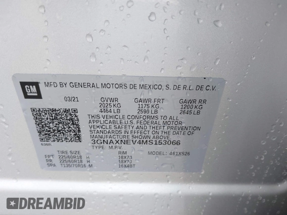 2021 Chevrolet Equinox Premier with VIN 3GNAXNEV4MS153066, listed as a IAAI auction lot 42413071 with 43,052 mi miles and . Bid and sale history available at DreamBid. Image 9.
