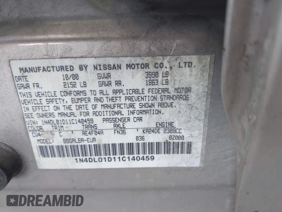 2001 Nissan Altima GXE z VIN 1N4DL01D11C140459, wystawiony jako IAAI lot #42268319 z przebiegiem 90 378 mil mil oraz . Historia ofert i sprzedaży dostępna na DreamBid. Obrazek 9.