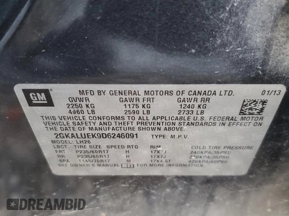 2013 GMC Terrain SLT with VIN 2GKALUEK9D6246091, listed as a Copart auction lot 52300235 with Not provided miles and Salvage title. Bid and sale history available at DreamBid. Image 15.
